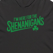 black hoodie with the phrase "i'm here for the shenanigans" funny st patricks day design