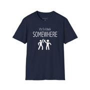 a navy t-shirt with 'it's 5 o'clock SOMEWHERE' text funny day drinking, spring break, summer acation, guys trip or girls trip design

