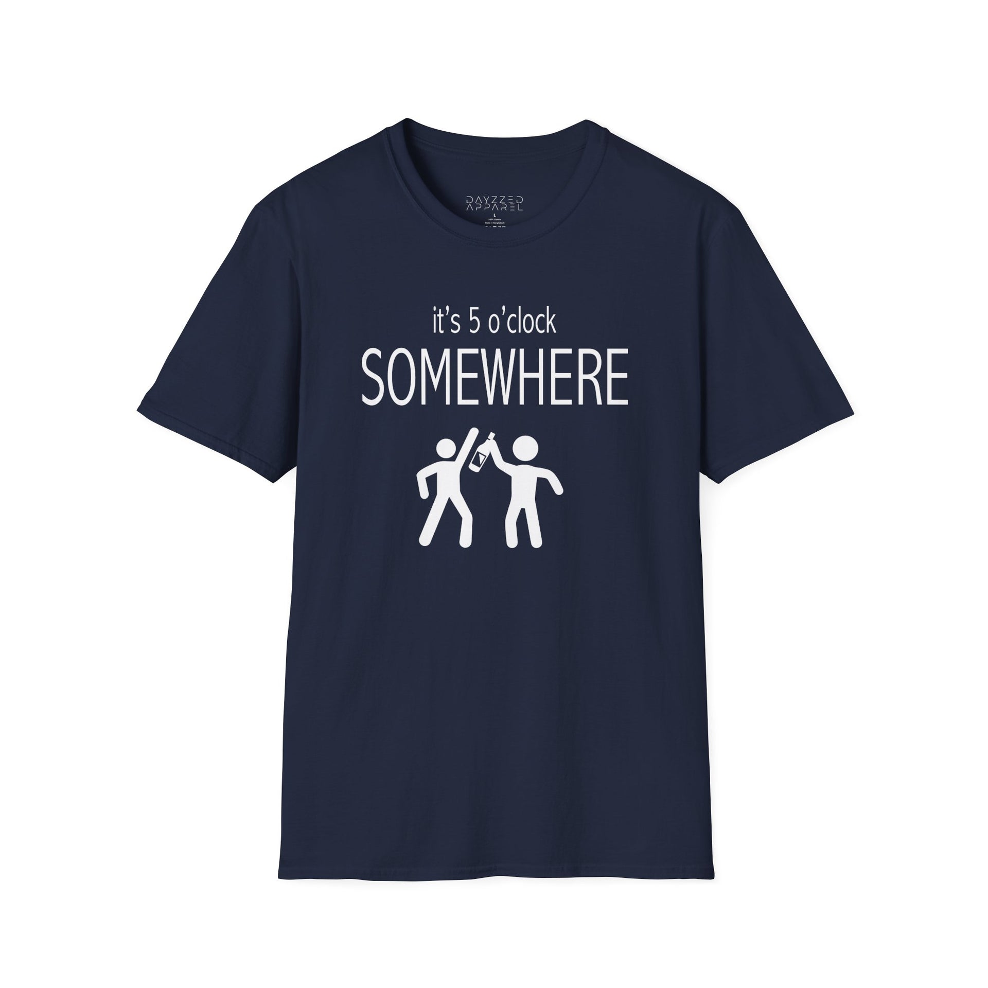 a navy t-shirt with 'it's 5 o'clock SOMEWHERE' text funny day drinking, spring break, summer acation, guys trip or girls trip design
