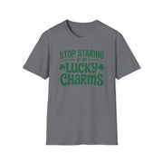 gray t-shirt with the phrase "Stop Staring at my Lucky Charms" funny St Patricks Day design