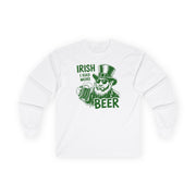 White long sleeve tee with leprechaun graphic and text 'Irish I had more beer' funny St Patricks pub crawl and parade design