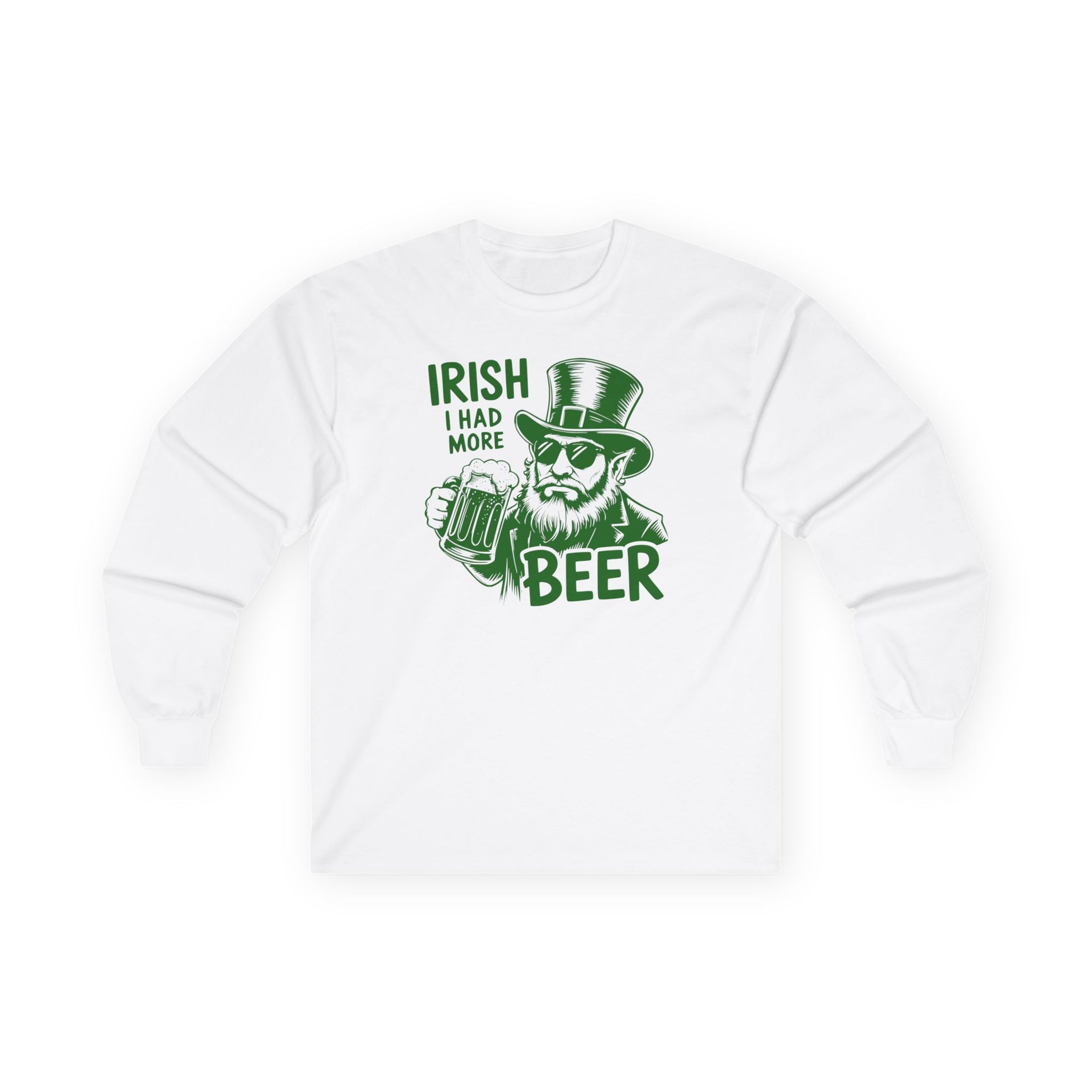 White long sleeve tee with leprechaun graphic and text 'Irish I had more beer' funny St Patricks pub crawl and parade design