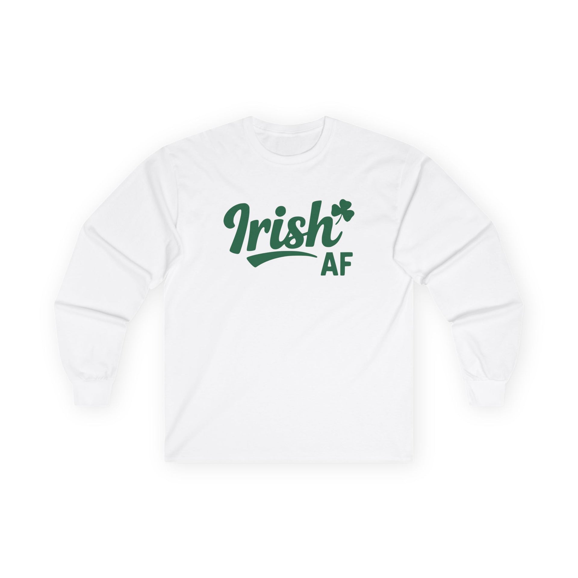 white long-sleeve shirt with the phrase 'Irish AF' funny st patricks day design