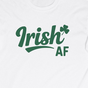 white long-sleeve shirt with the phrase 'Irish AF' funny st patricks day design