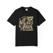A black short-sleeve crewneck t-shirt with a vintage-style distressed graphic of a pirate skeleton holding a rum bottle. The graphic features the text 'DRINKING RUM BEFORE 10 AM MAKES YOU A PIRATE NOT AN ALCOHOLIC' in a tan/beige font, presented on a clean white background.