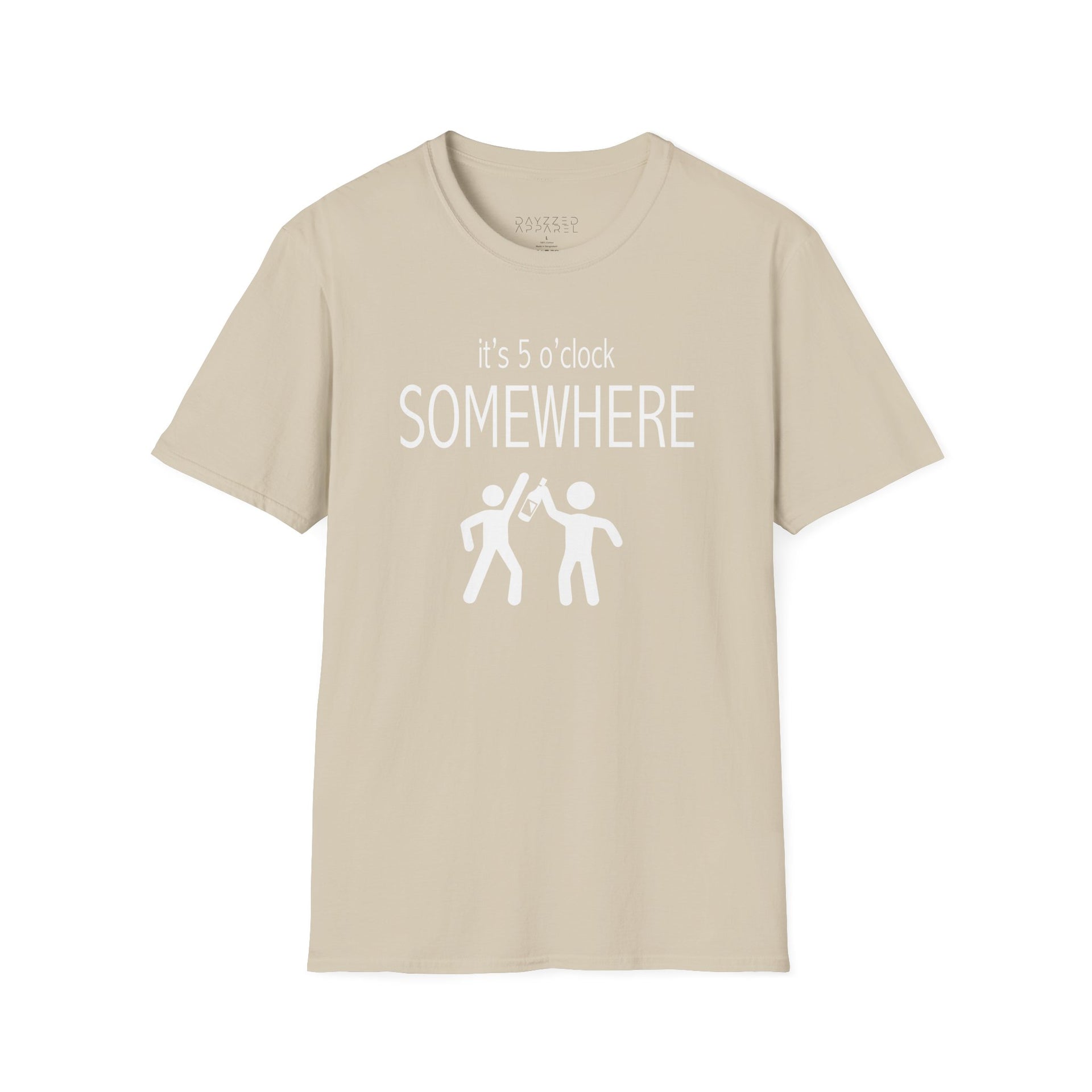 a beige t-shirt with 'it's 5 o'clock SOMEWHERE' text funny day drinking, spring break, summer acation, guys trip or girls trip design

