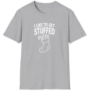Funny Christmas Humor Short Sleeve Shirt with a stocking stuffed with presents and the text "I Like to get Stuffed" -  Sport Grey