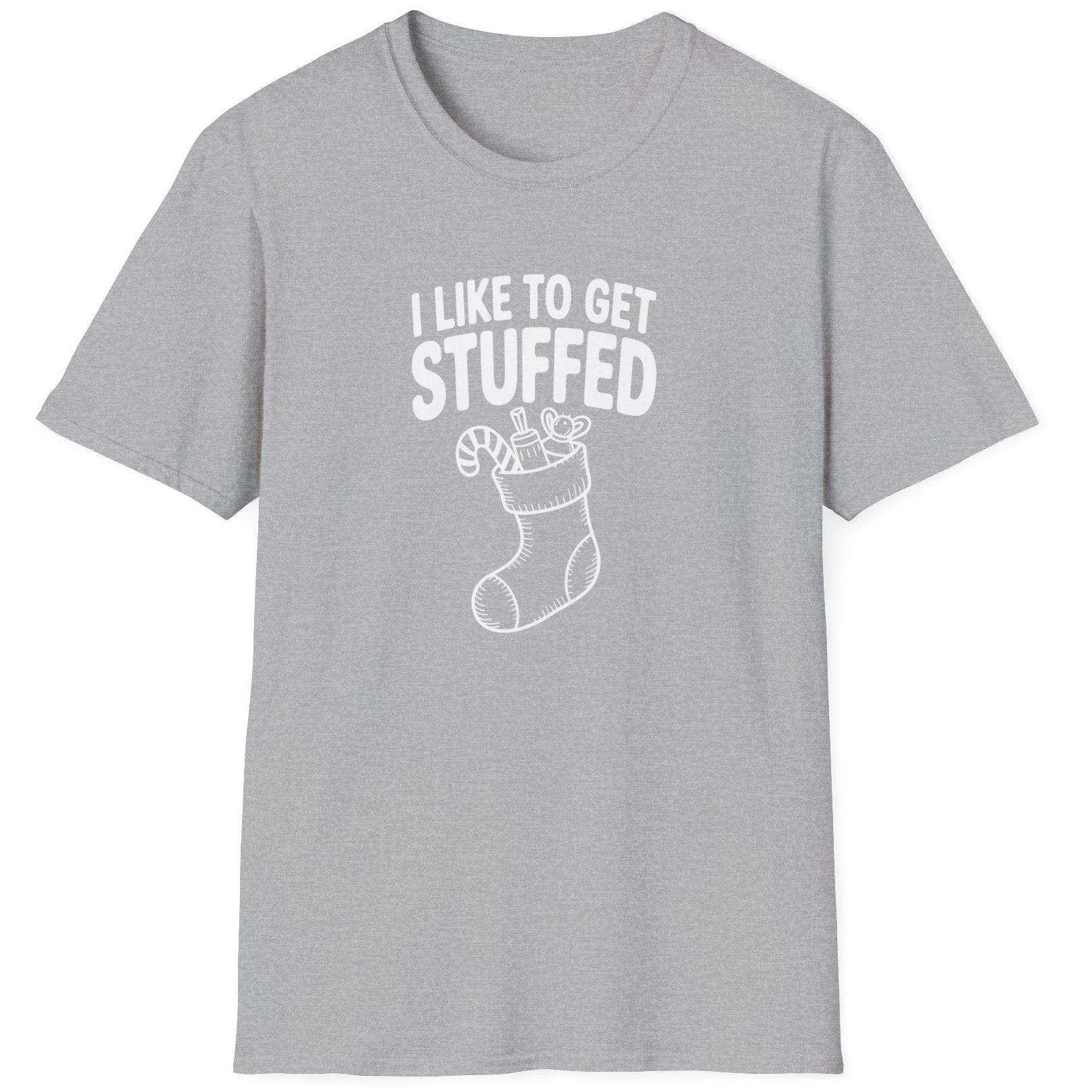 Funny Christmas Humor Short Sleeve Shirt with a stocking stuffed with presents and the text "I Like to get Stuffed" -  Sport Grey