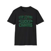 black t-shirt with the phrase "Stop Staring at my Lucky Charms" funny St Patricks Day design