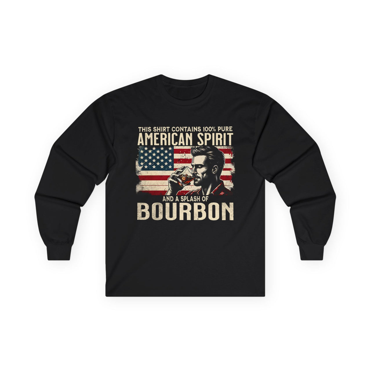 4th of July – This Shirt Contains 100% American Spirit and a Splash of Bourbon – Patriotic Heavy Cotton Long Sleeve Tee
