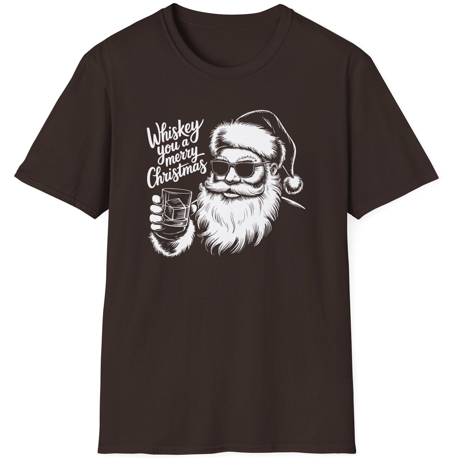 Funny Christmas Short Sleeve Shirt with Santa flipping his middle fingers and the text " Merry Kiss My Ass" - Dark Chocolate