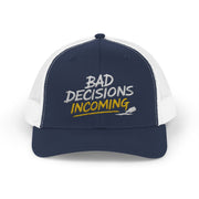 Woman wearing a navy and white curved trucker hat with embroidered text 'Bad Decisions Incoming'  funny Spring Break, Girls rips, Guys Trips, Beach Trips, Bachelor or Bachelorette design