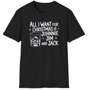 Funny Christmas Drinking Short Sleeve Shirt with a whiskey glass and the text "All I Want for Christmas is Johnnie, Jim, and Jack" -  Black