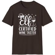 Funny Christmas Humor Short Sleeve Shirt with wine glass and elf hat and the text and the text Elf Certified Wine Taster - Dark Chocolate