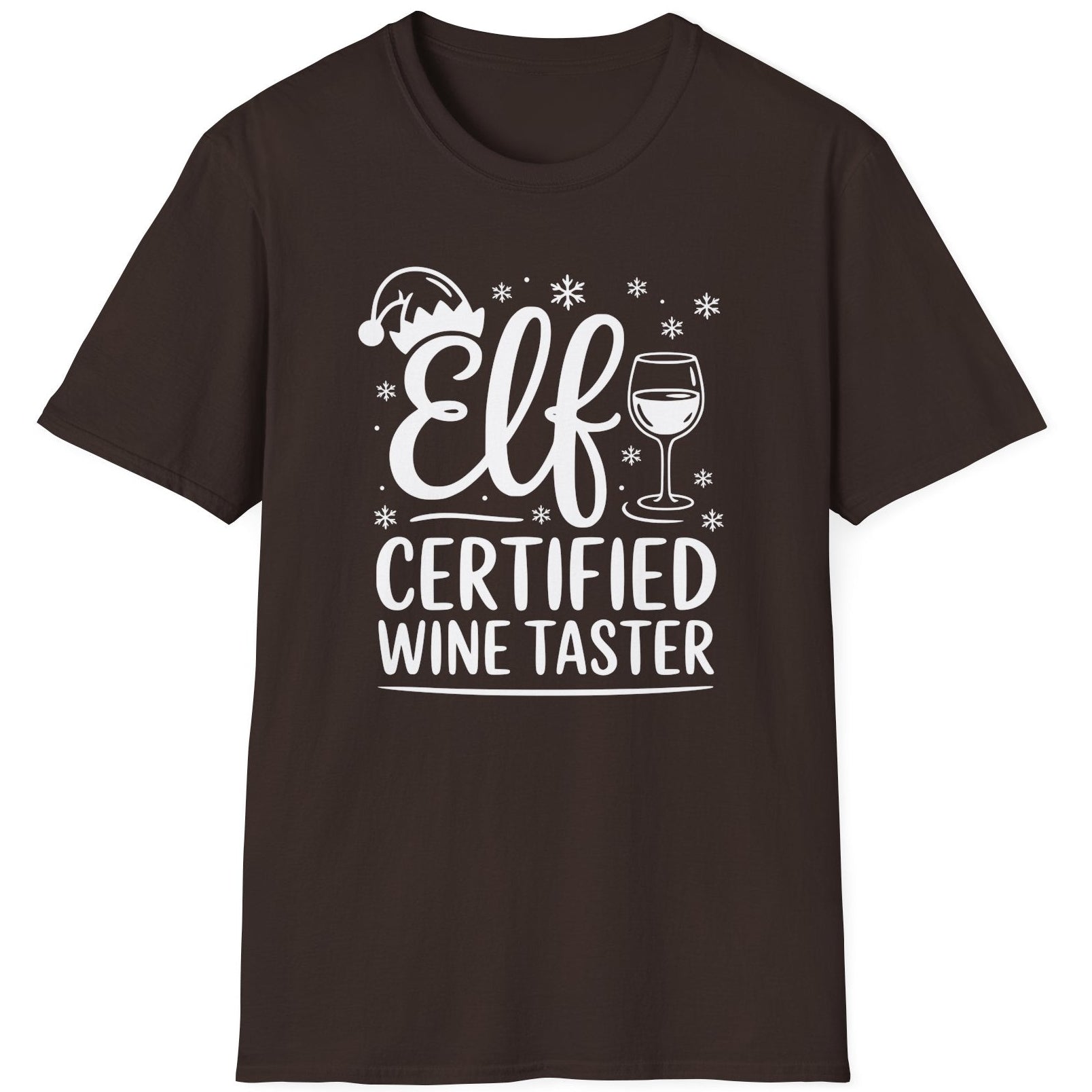 Funny Christmas Humor Short Sleeve Shirt with wine glass and elf hat and the text and the text Elf Certified Wine Taster - Dark Chocolate