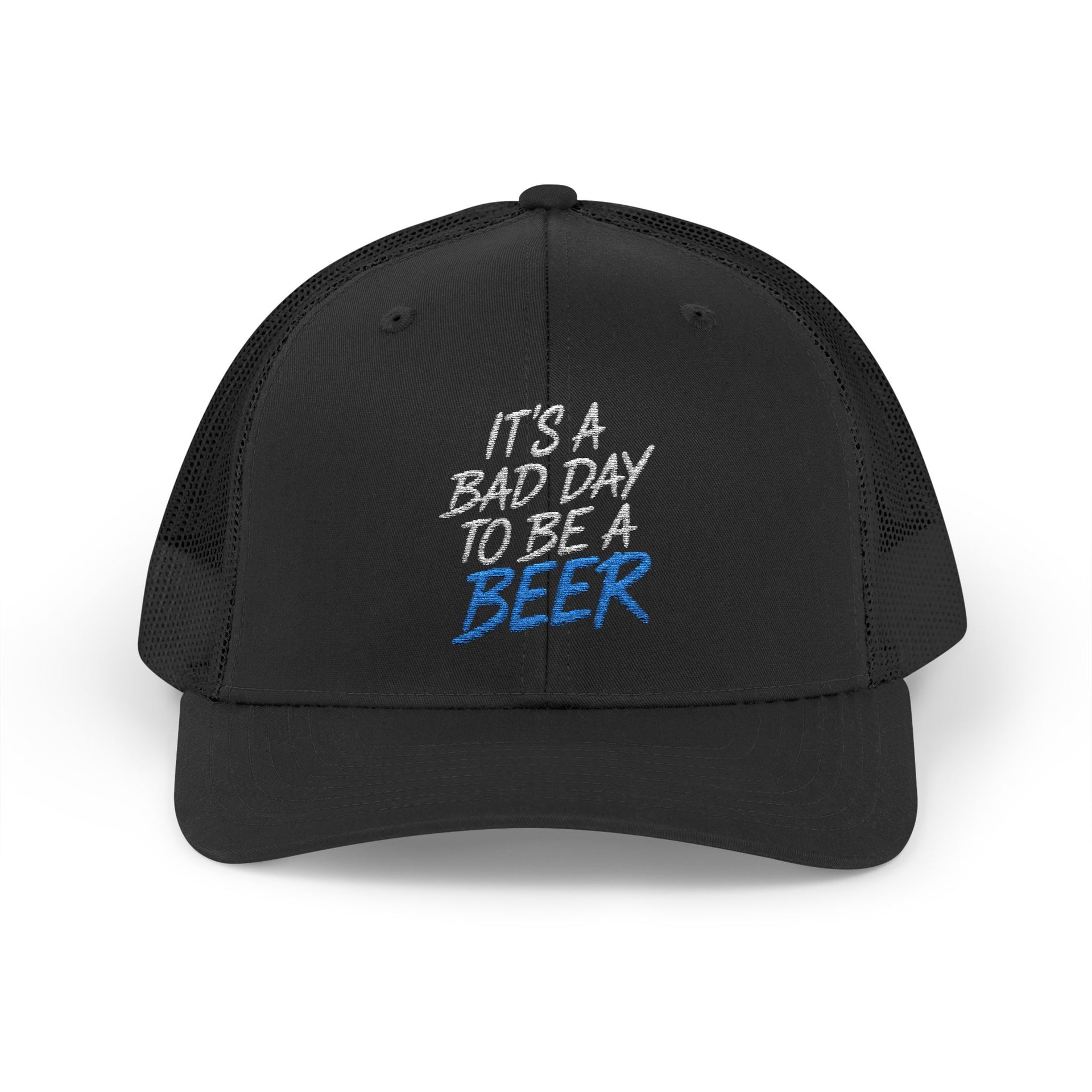  a black trucker hat with teh phrase its a bad day to be a beer funny spring break, guys trip, girls trip, beach trip, lake season design