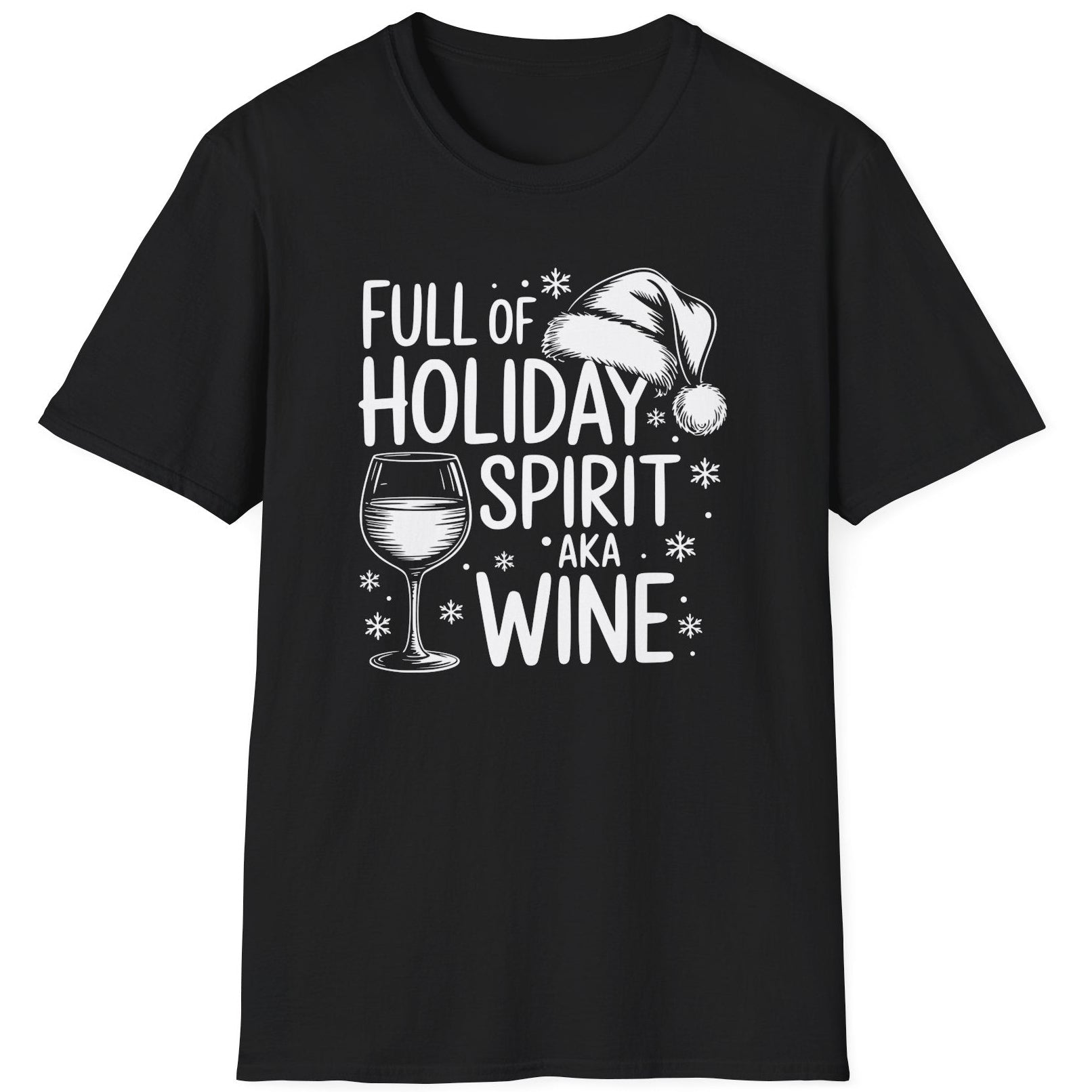 Funny Christmas Drinking Short Sleeve Shirt with wine glass and the text "Full of Holiday Spirit AKA Wine" - Black