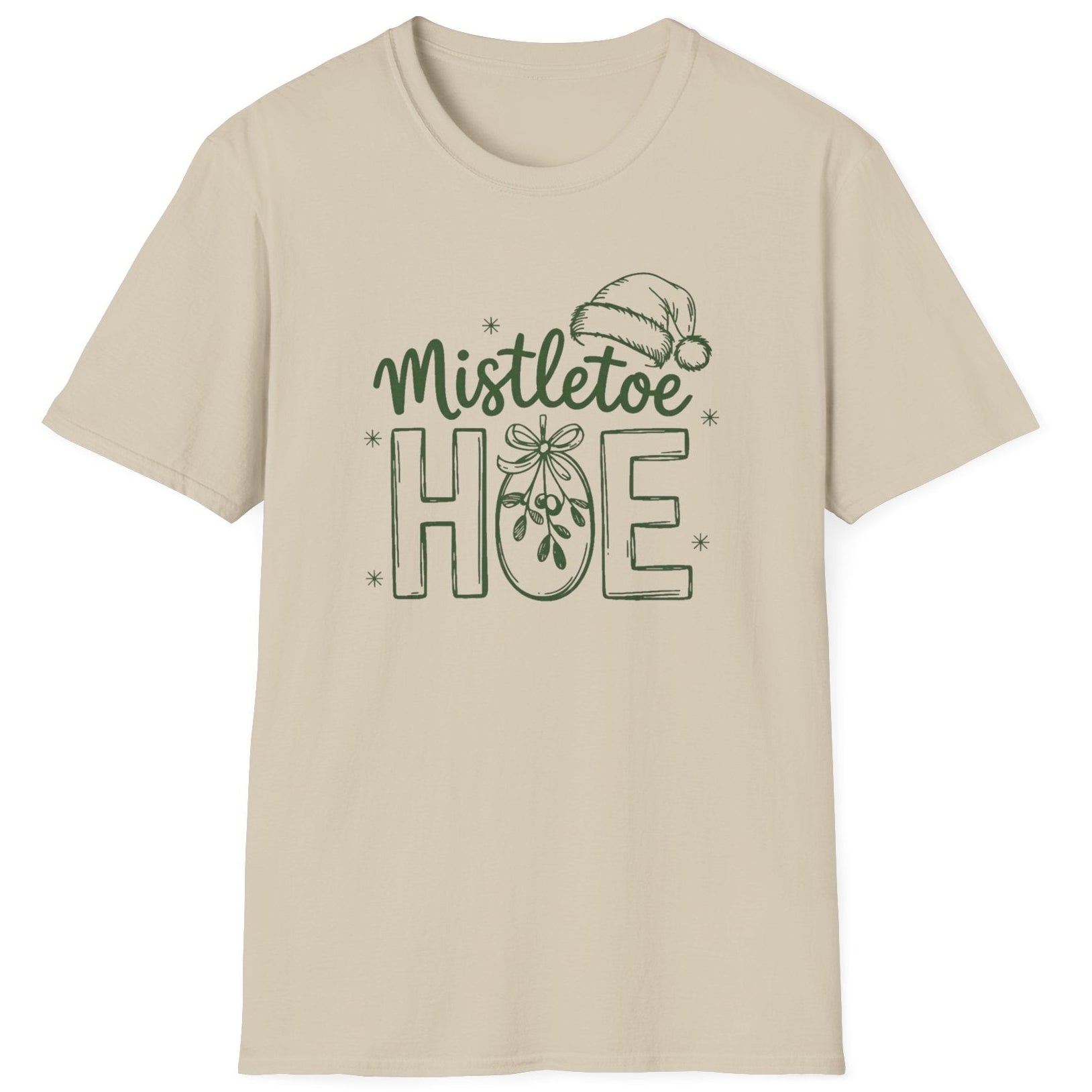 Funny Christmas Humor Short Sleeve Shirt with mistletoe and a santa hat and the text and the text "Mistletoe Hoe" - Sand