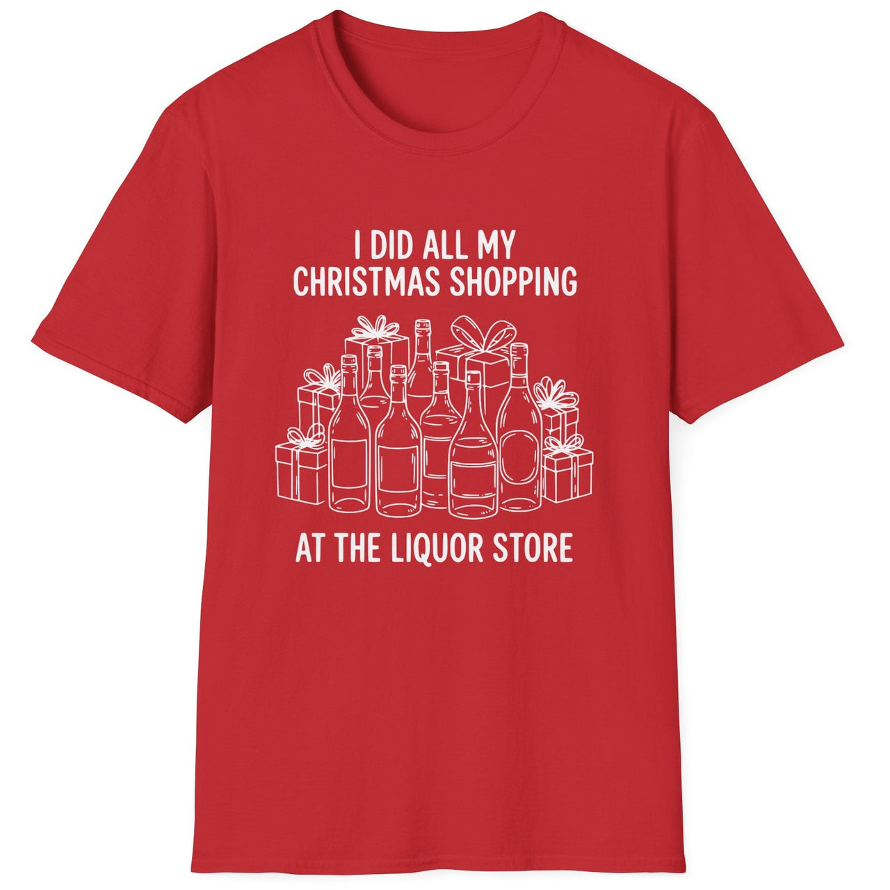 Funny Christmas Drinking Short Sleeve Shirt with liquor bottles and wrapped packages and the text "I did all my Christmas Shopping at the Liquor Store" - Red