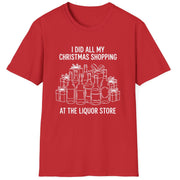 Funny Christmas Drinking Short Sleeve Shirt with liquor bottles and wrapped packages and the text "I did all my Christmas Shopping at the Liquor Store" - Red
