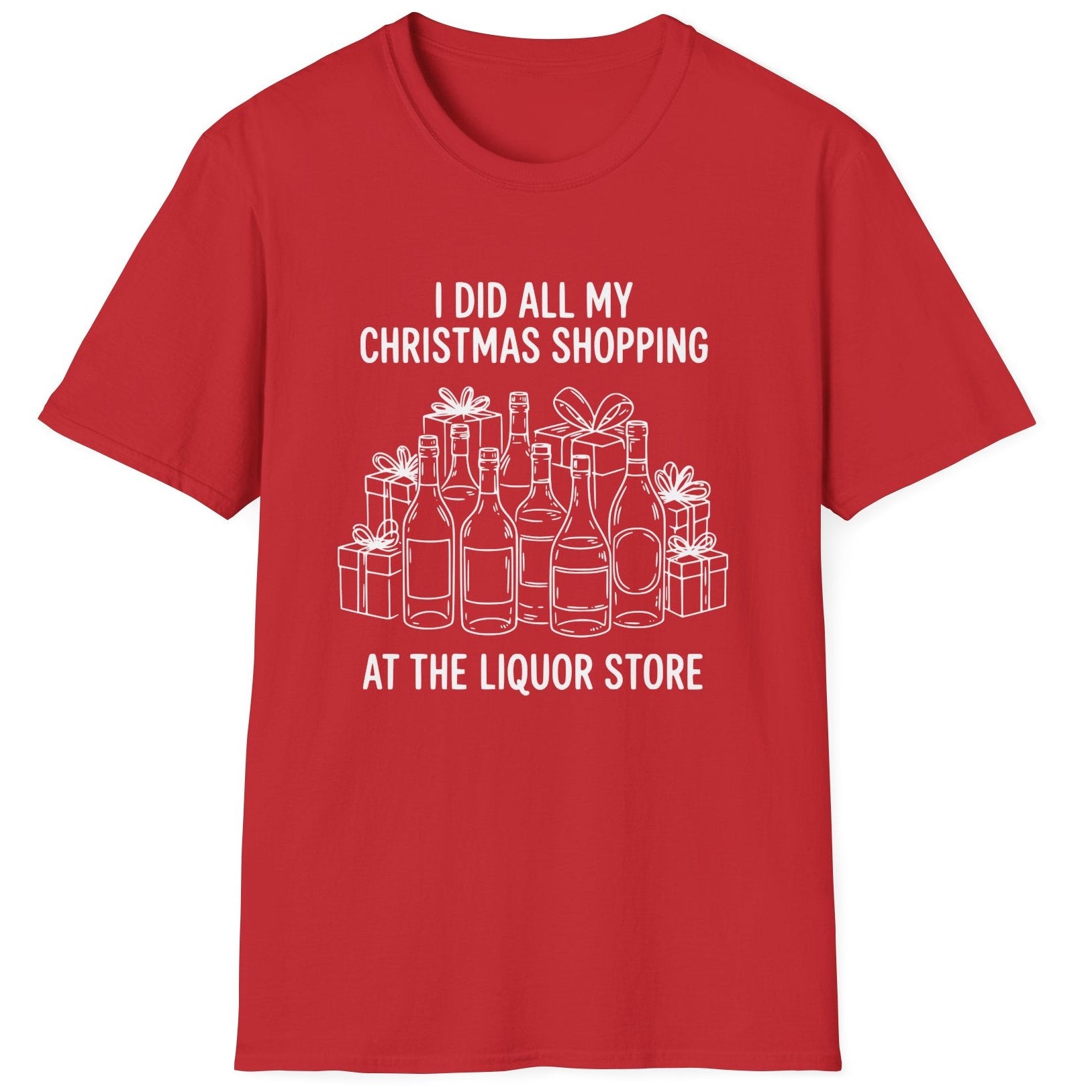 Funny Christmas Drinking Short Sleeve Shirt with liquor bottles and wrapped packages and the text "I did all my Christmas Shopping at the Liquor Store" - Red