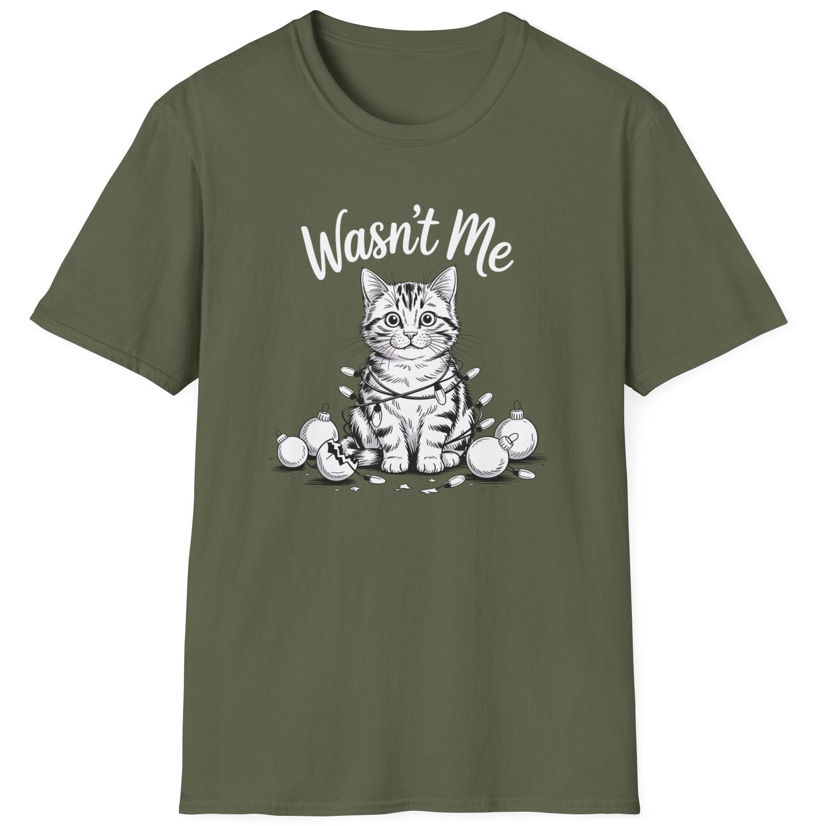 Funny Christmas Cat Humor Short Sleeve Shirt with a cute cat wrapped in christmas lights and surrounded by broken ornaments and the text "Wasn't Me" - Military Green