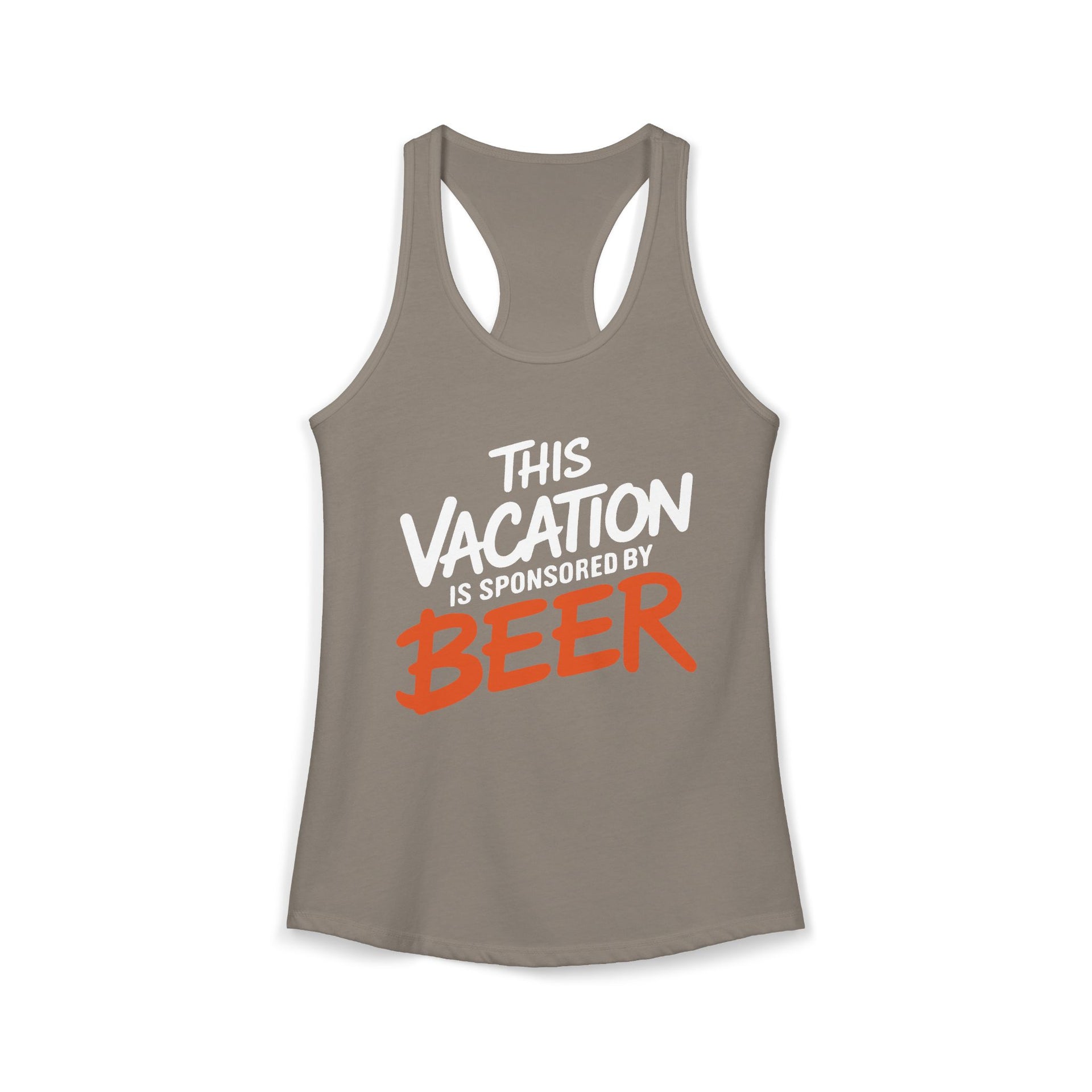 a gray racerback tank top with 'This Vacation is Sponsored by Beer' text funny spring break, beach trip, bachelorette party, girls trip, or lake season design