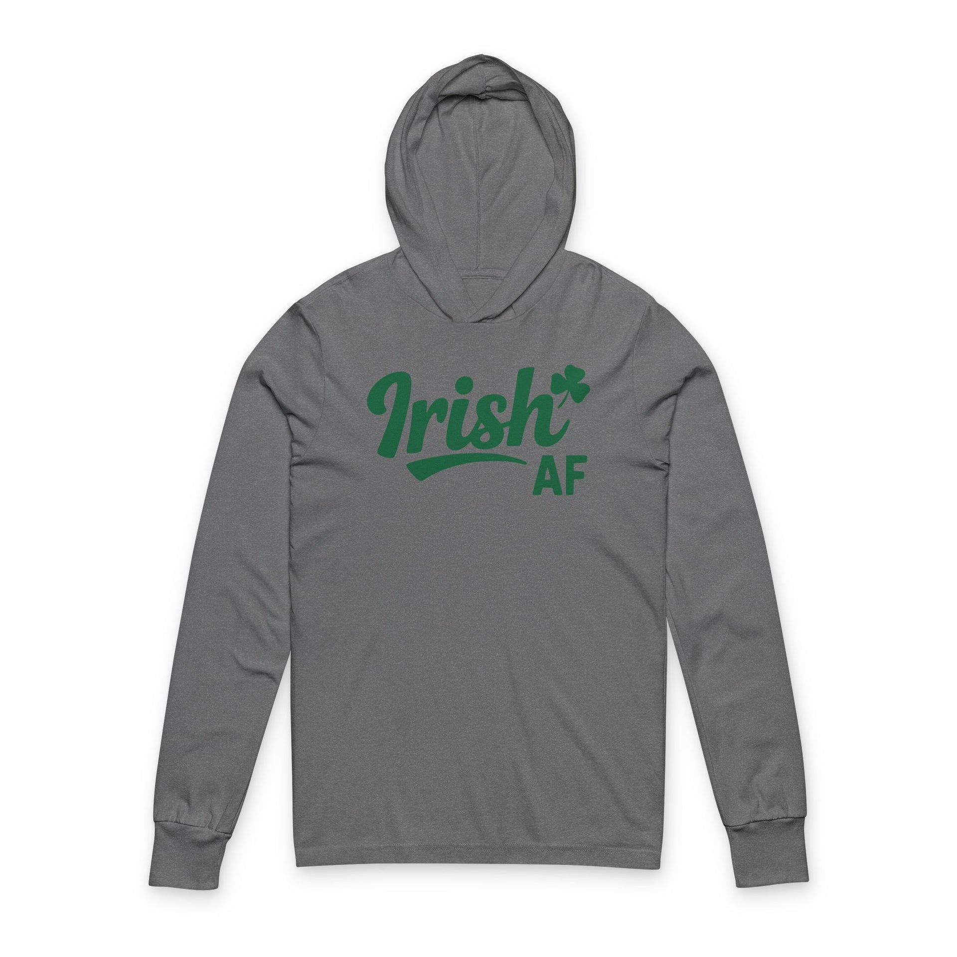 gray lightweight hoodie with the phrase "Irish AF" funny St Patricks Design
