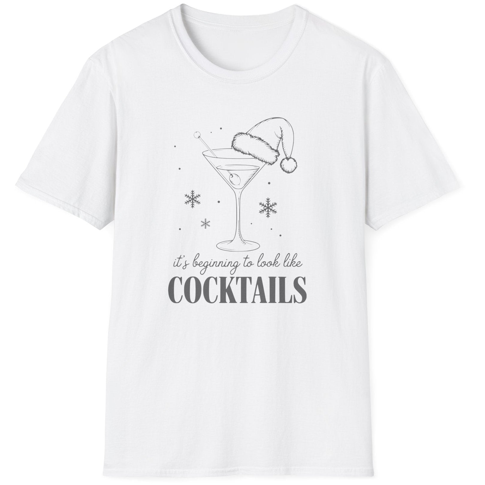 Funny Christmas Drinking  Short Sleeve Shirt with  a cocktail glass with a santa hat on top and the text "It's Beginning to Feel Like Cocktails" - White