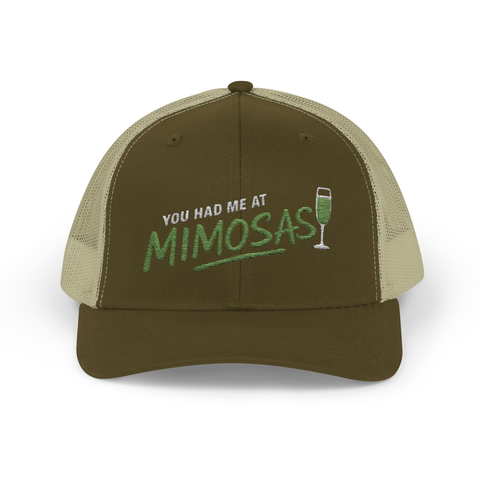 a green and khaki curved bill trucker hat with the phrase'You Had Me at Mimosas' text funny Spring break, girls trip, guys trip, beach trip, summer vacation, lake season design
