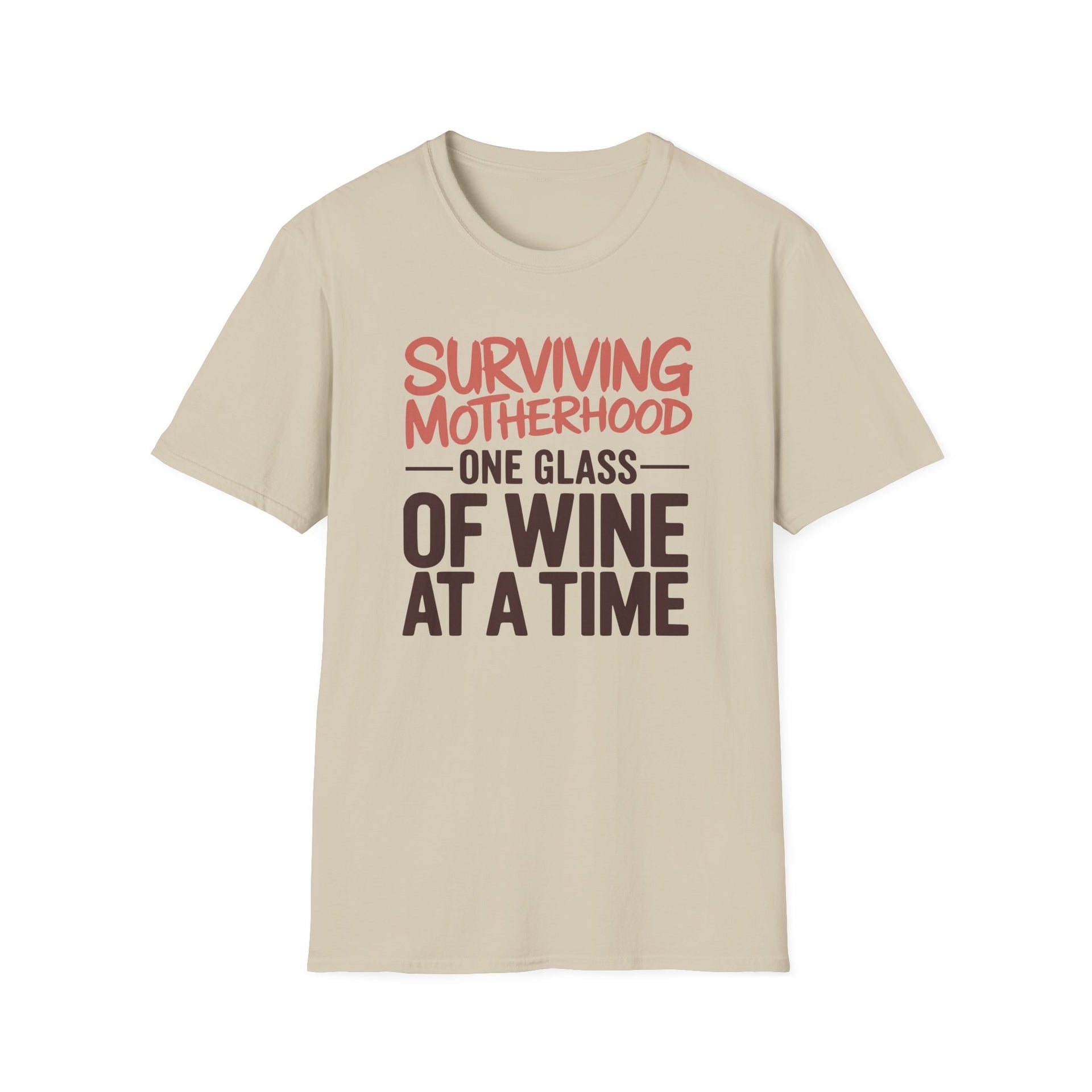 a beige t-shirt with the phrase 'Surviving Motherhood One Glass of Wine at a Time' funny Mother's day, beach vacation, spring break design