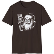 Funny Christmas Drinking  Short Sleeve Shirt with Santa drinking from a whiskey glass and the text "Big Nick Energy" - Dark Chocolate