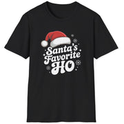 Black graphic t-shirt with the phrase Santa's Favorite HO funny christmas sweater