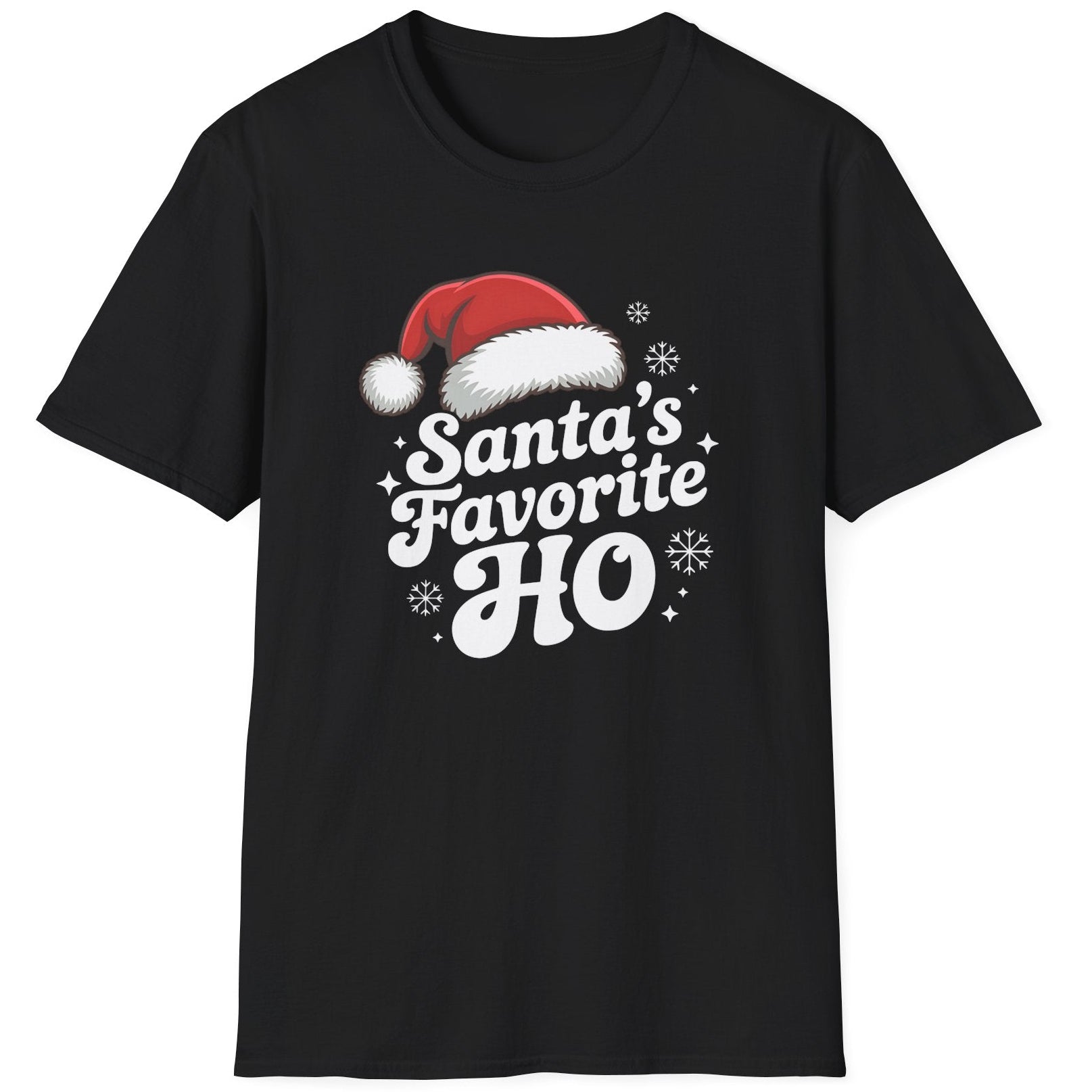 Black graphic t-shirt with the phrase Santa's Favorite HO funny christmas sweater