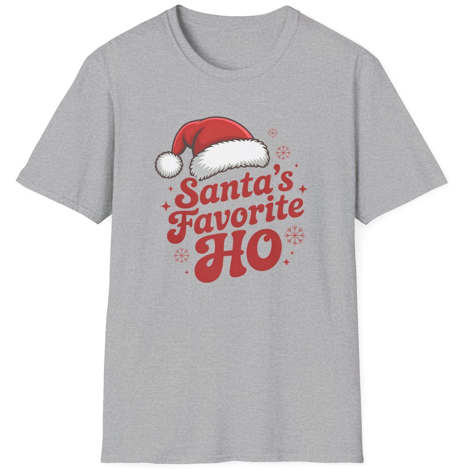 Gray graphic t-shirt with the phrase Santa's Favorite HO funny christmas sweater
