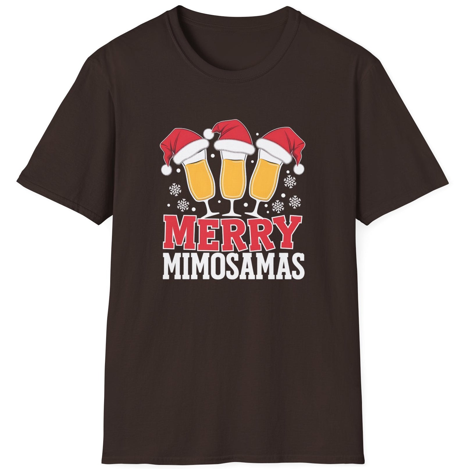 Black t-shirt  t-shirt with 'Merry Mimosamas' design featuring champagne glasses and Santa hats funny christmas sweater
