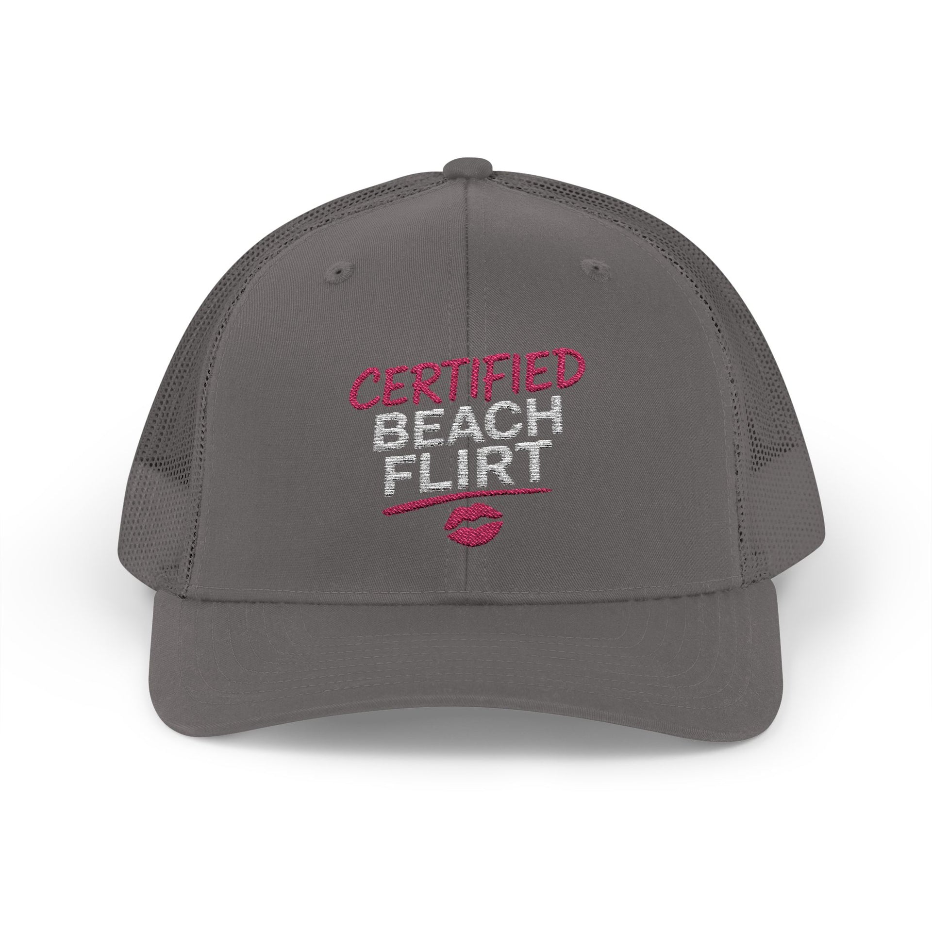 a charcoal trucker hat with 'Certified Beach Flirt' text funny spring break, girls trip beach trip, bachelorette party design