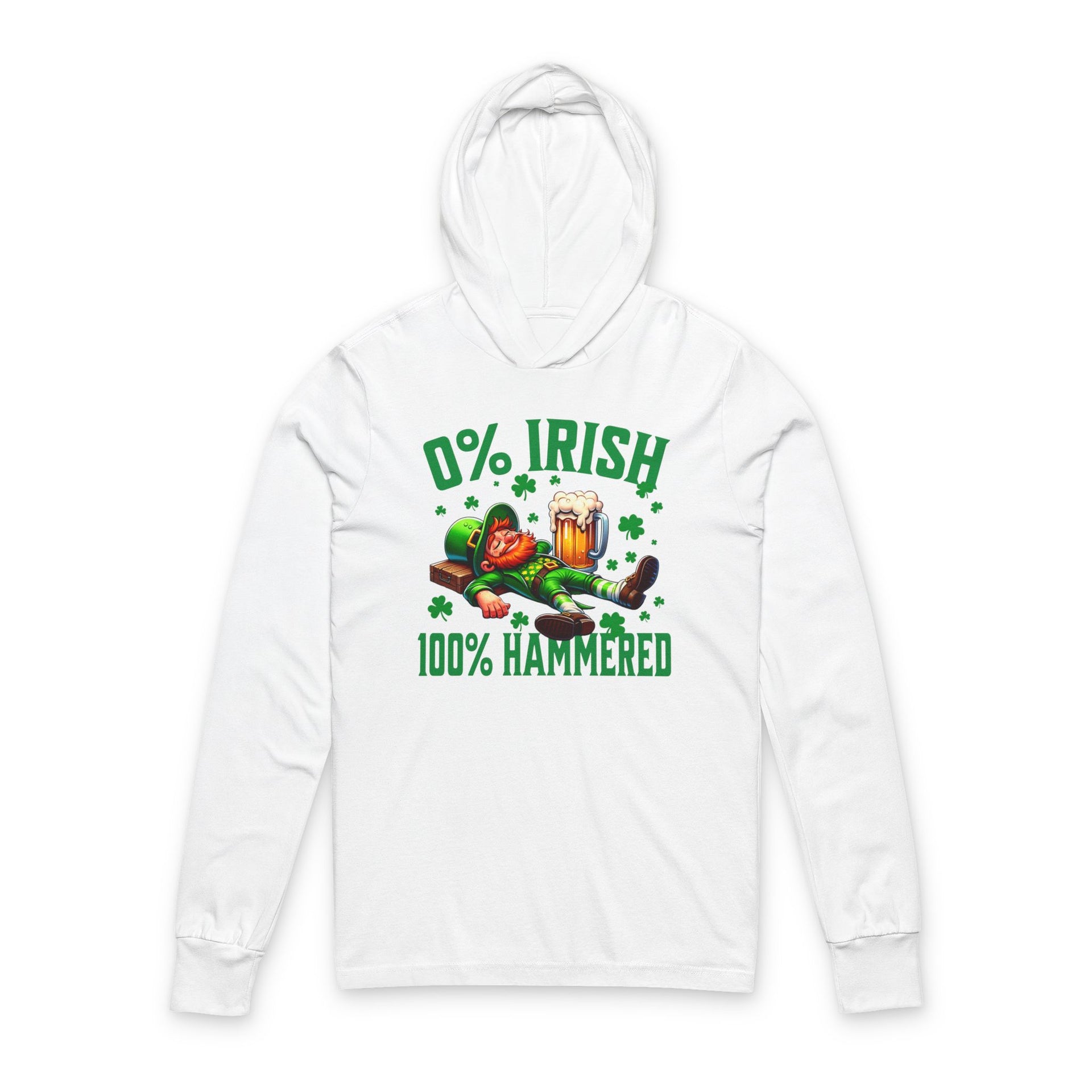 White hoodie with a graphic of a leprechaun and text '0% Irish 100% Hammered' on a white background