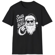 Funny Christmas Humor Short Sleeve Shirt with Santa pointing and the text "Santa Knows You've Been a Bitch" - Dark Chocolate