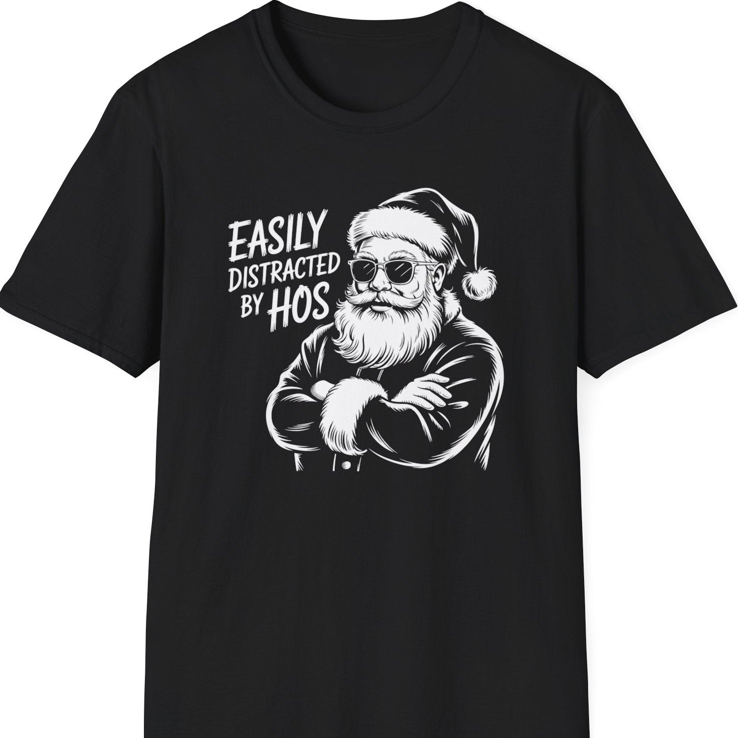 Funny Christmas Humor Short Sleeve Shirt with santa arms corssed and the text and the text "Easily Distracted By Hos" - Black