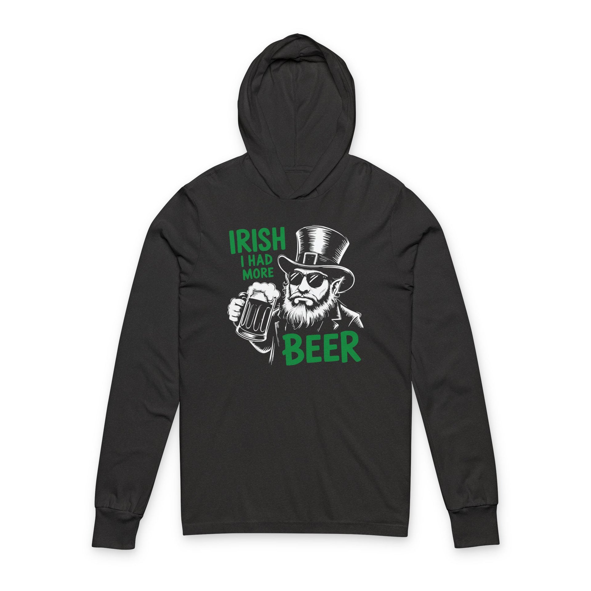 a black lightweight hoodie with a leprechaun graphic and the phrase irish I had More Beer funny St Patricks Day pub crawl and Parade design