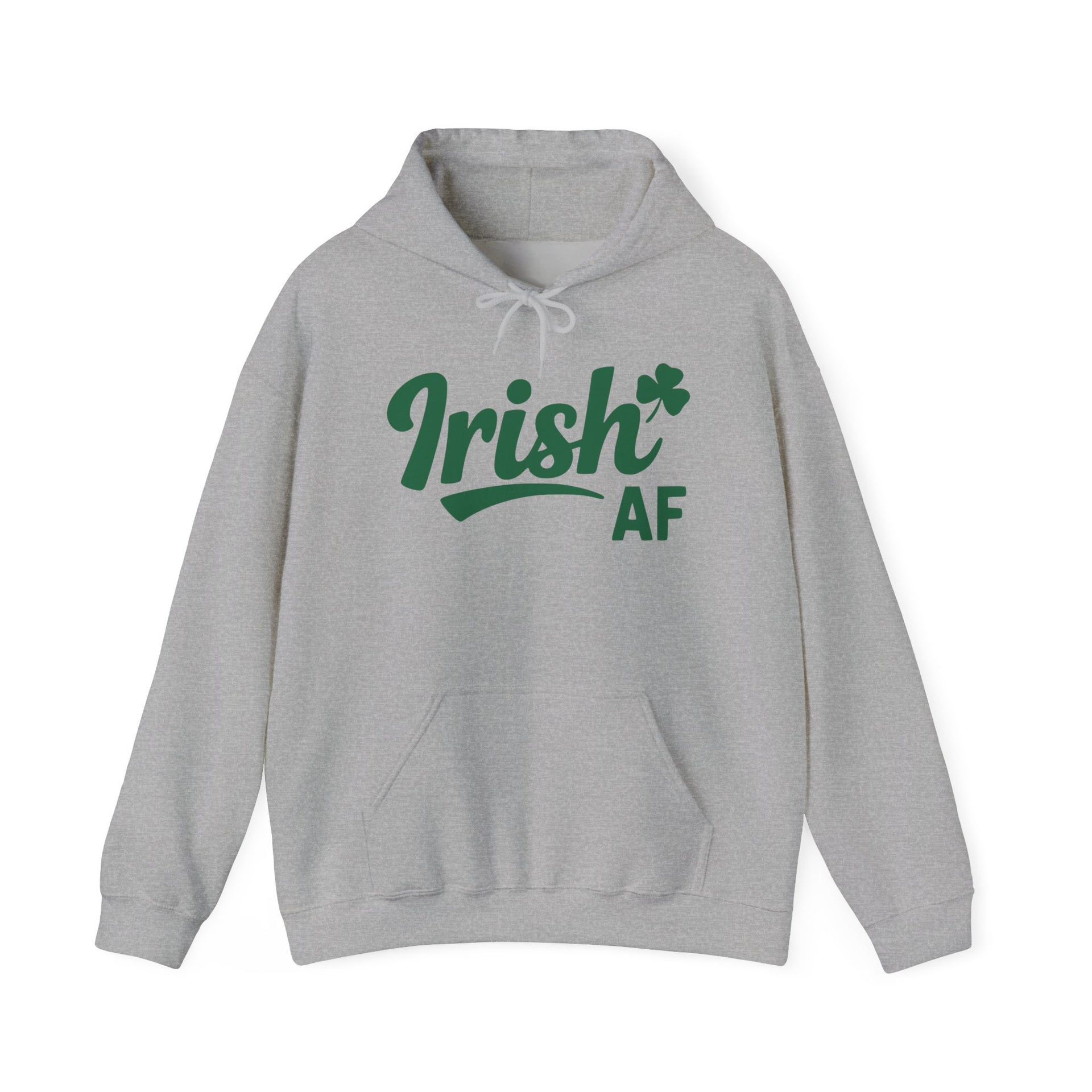 Gray hoodie with the phrase Irish AF funny St Patricks Day design