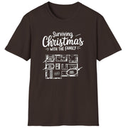 Brown  t-shirt with the phrase surviving christmas with the family funny christmas sweater