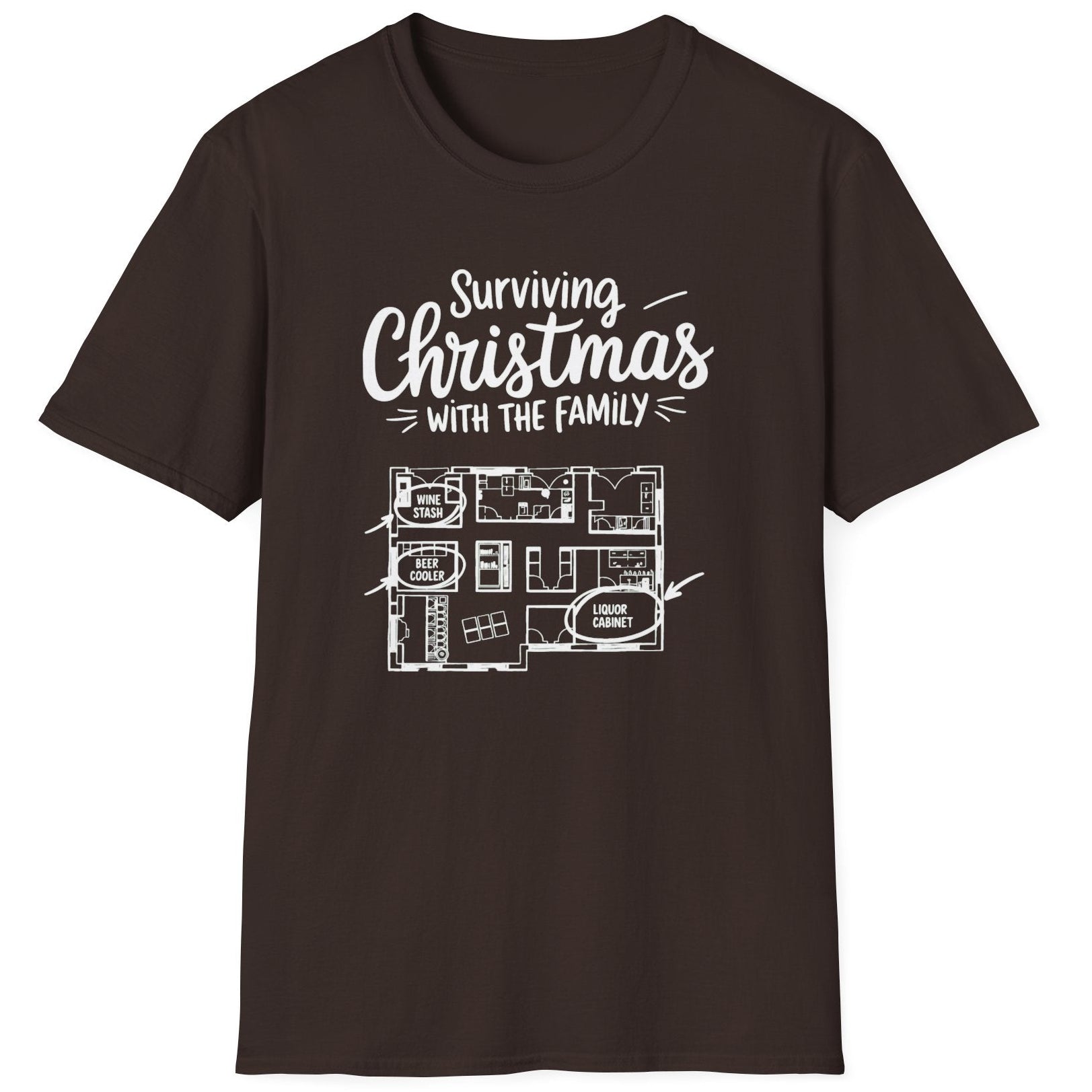 Brown  t-shirt with the phrase surviving christmas with the family funny christmas sweater