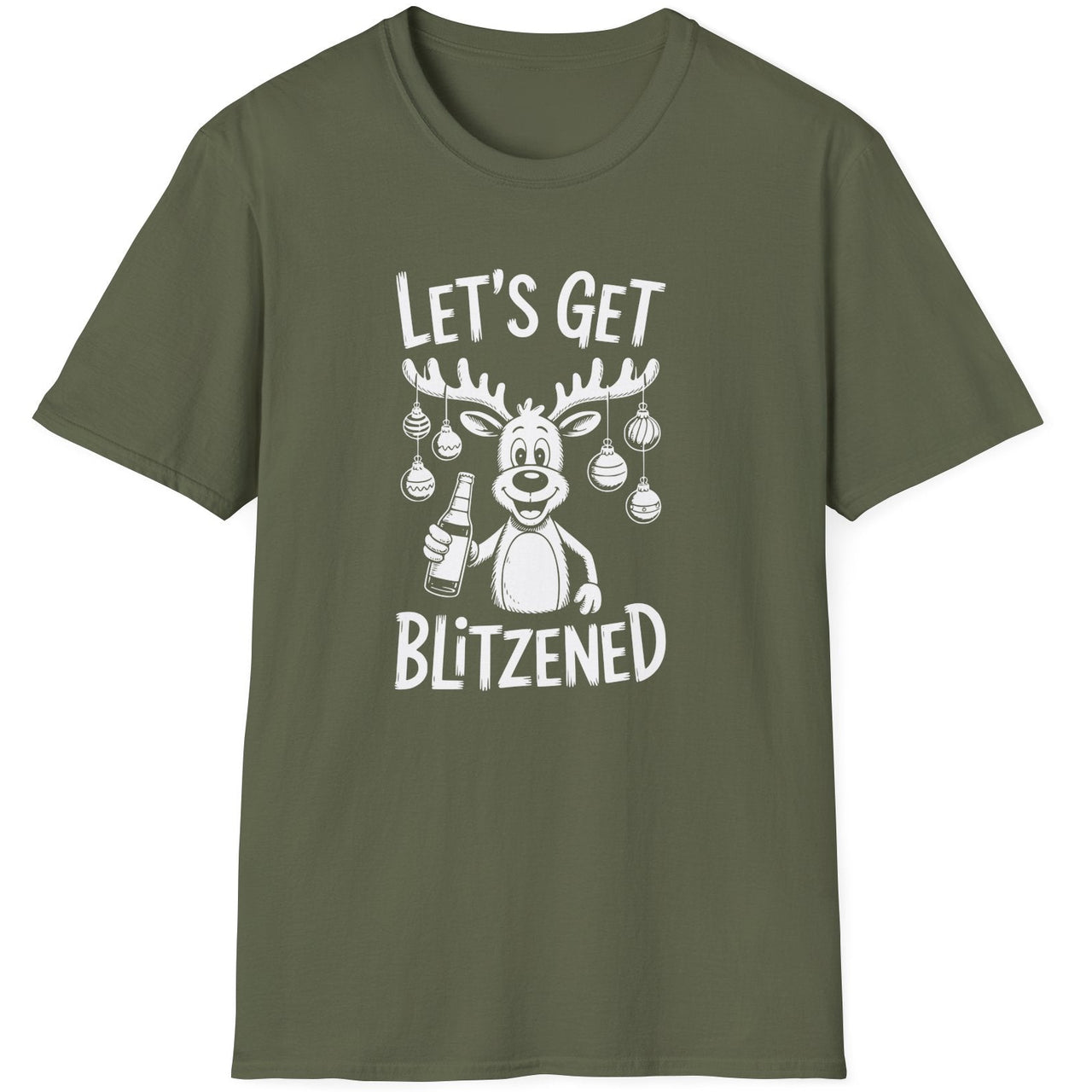 Funny Christmas Drinking Short Sleeve Shirt with a reindeer holding a beer with ornaments draped from his antlers and the text "Let's Get Blitzened" - Military Green