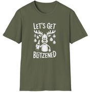 Funny Christmas Drinking Short Sleeve Shirt with a reindeer holding a beer with ornaments draped from his antlers and the text "Let's Get Blitzened" - Military Green