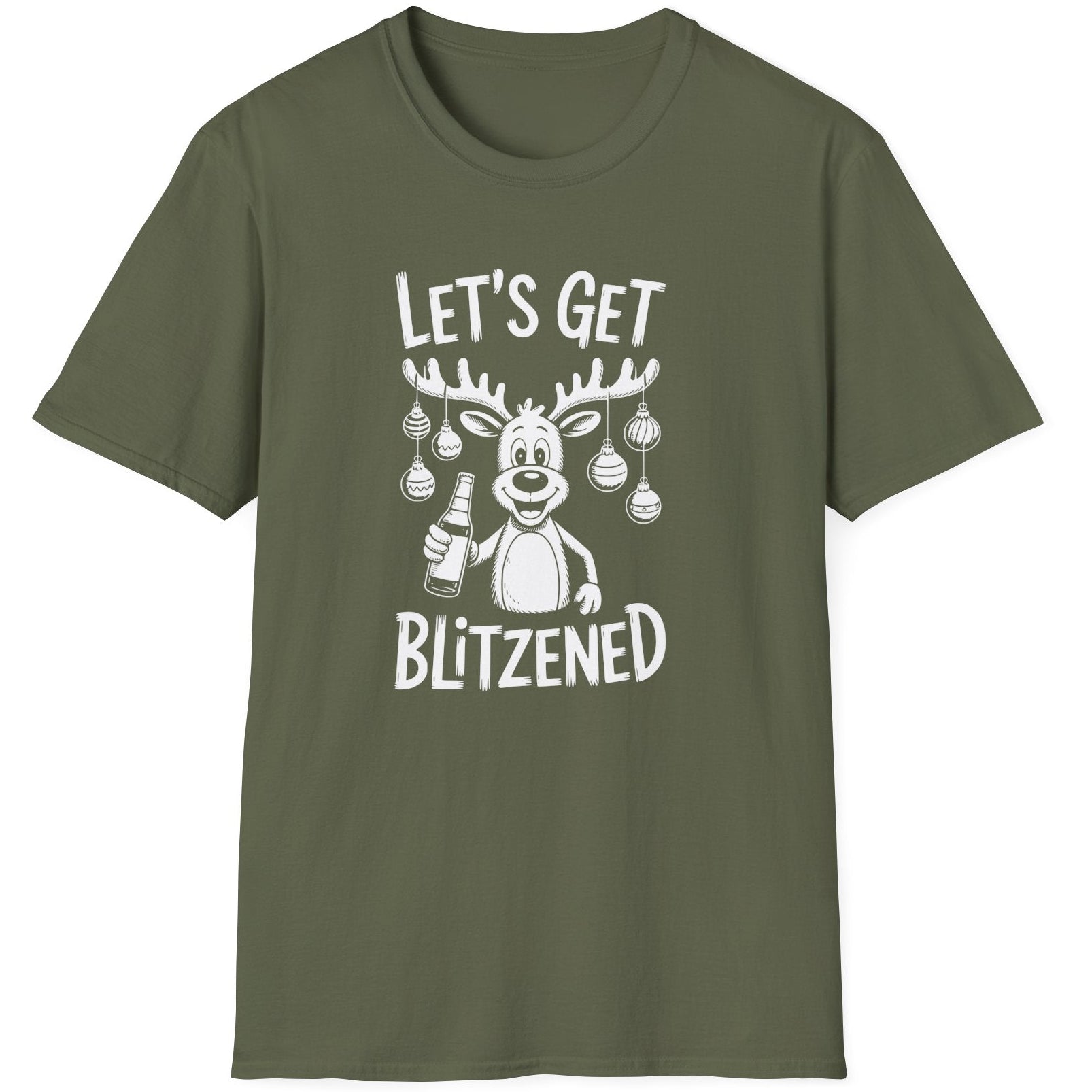 Funny Christmas Drinking Short Sleeve Shirt with a reindeer holding a beer with ornaments draped from his antlers and the text "Let's Get Blitzened" - Military Green