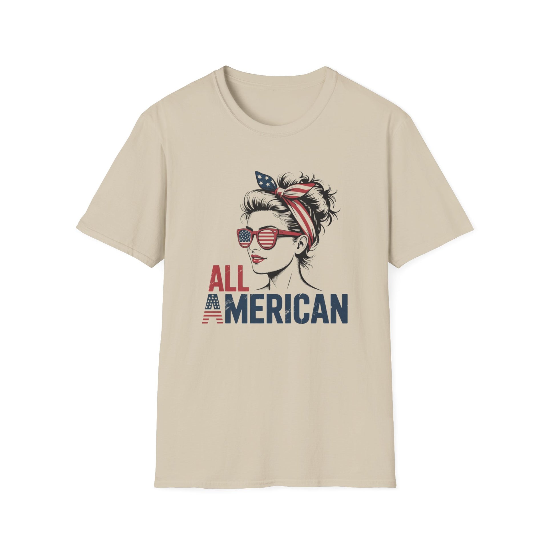 Beige t-shirt with graphic of a woman wearing sunglasses and an American flag headband, with 'All American' text.