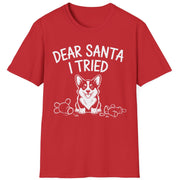 Funny Christmas Corgi Short Sleeve Shirt with a Corgi standing in the middle of torn up toys and the text "Dear Santa I tried" - Red