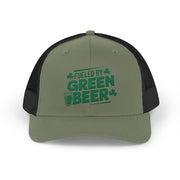 green and black curved trucker hat with the phrase 'Fueled by Green Beer' funny St Patricks Day pub crawl design